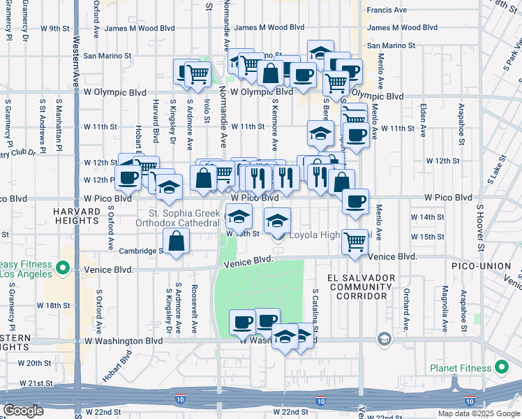 map of restaurants, bars, coffee shops, grocery stores, and more near 1317 Fedora Street in Los Angeles