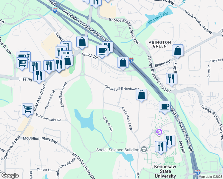 map of restaurants, bars, coffee shops, grocery stores, and more near 1361 Shiloh Trail East Northwest in Kennesaw