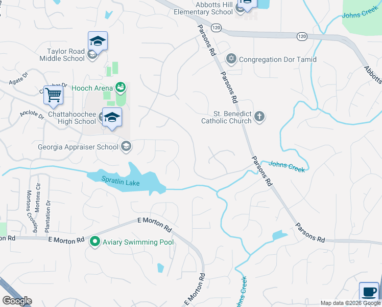 map of restaurants, bars, coffee shops, grocery stores, and more near 5410 Hampstead Way in Duluth