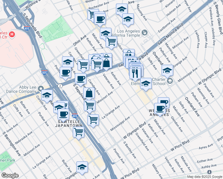 map of restaurants, bars, coffee shops, grocery stores, and more near 1885 Veteran Avenue in Los Angeles