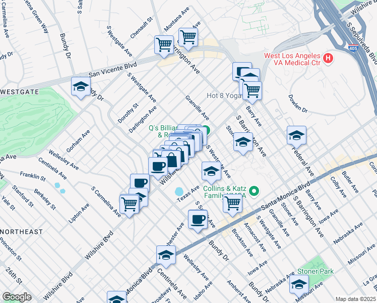 map of restaurants, bars, coffee shops, grocery stores, and more near 11932 Goshen Avenue in Los Angeles