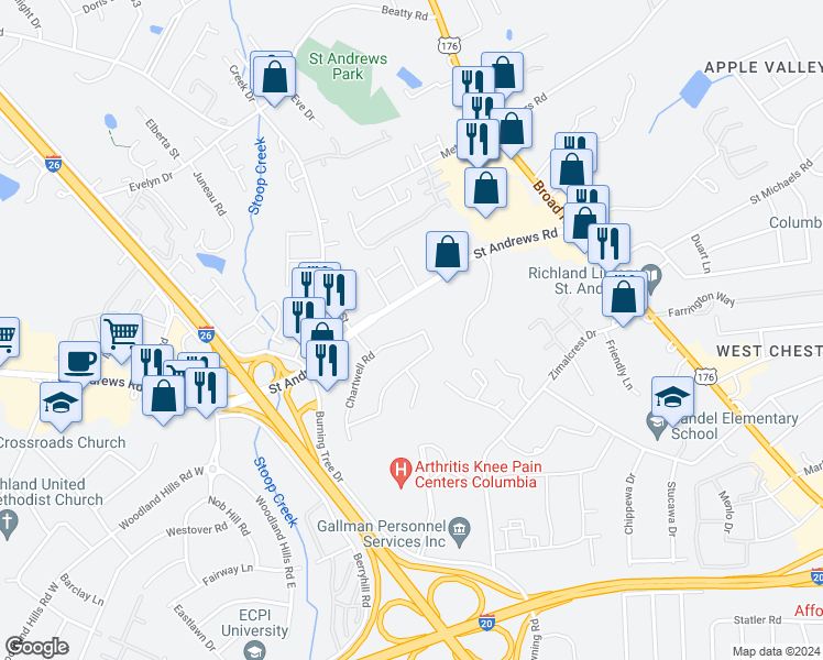 map of restaurants, bars, coffee shops, grocery stores, and more near 241 Chartwell Road in Columbia