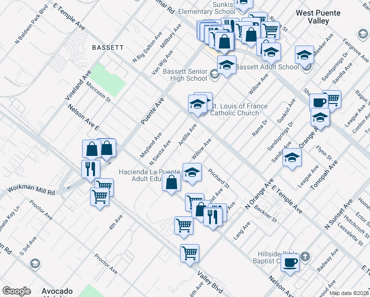 map of restaurants, bars, coffee shops, grocery stores, and more near 13914 Prichard Street in La Puente
