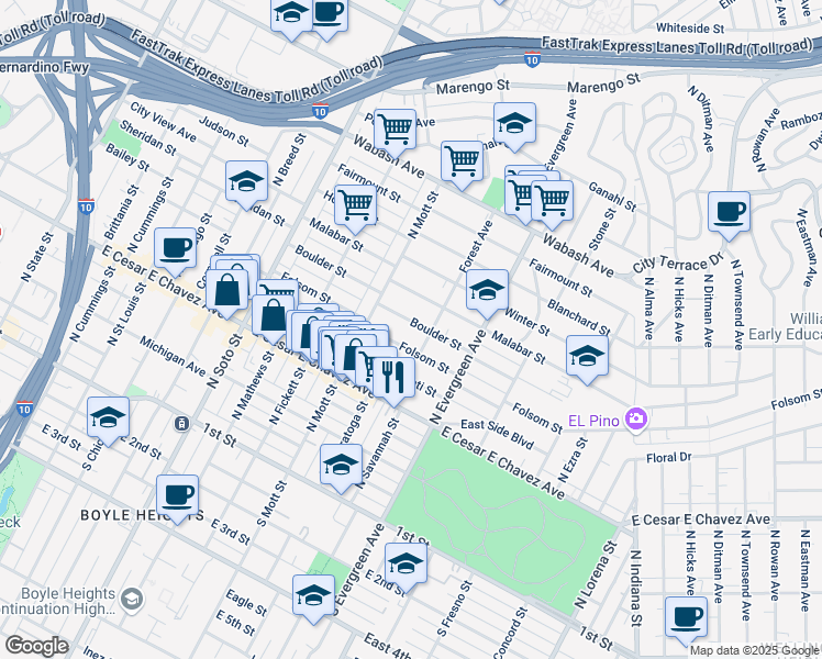 map of restaurants, bars, coffee shops, grocery stores, and more near 2746 Boulder Street in Los Angeles