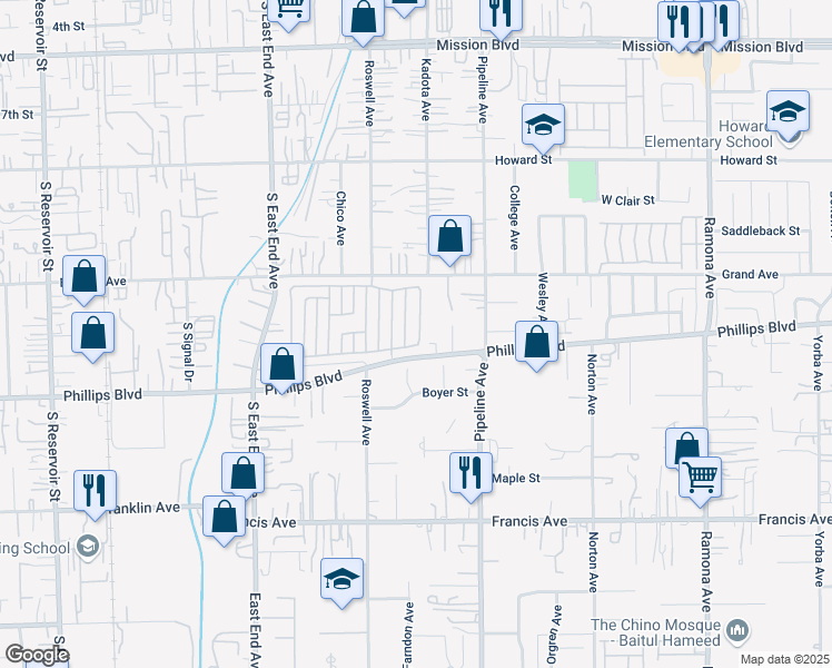 map of restaurants, bars, coffee shops, grocery stores, and more near 11415 Hartford Lane in Pomona