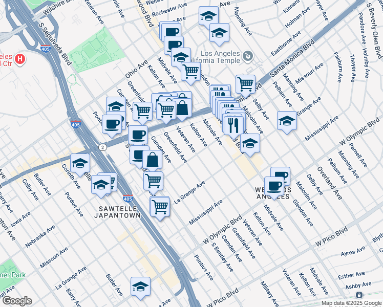 map of restaurants, bars, coffee shops, grocery stores, and more near 1885 Veteran Avenue in Los Angeles