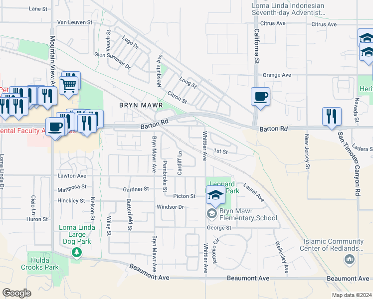 map of restaurants, bars, coffee shops, grocery stores, and more near 26222 Newport Avenue in Loma Linda