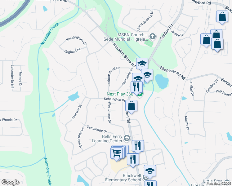 map of restaurants, bars, coffee shops, grocery stores, and more near 3945 Fairington Drive in Marietta