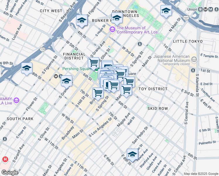 map of restaurants, bars, coffee shops, grocery stores, and more near 534 South Broadway in Los Angeles
