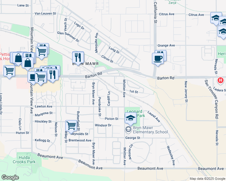map of restaurants, bars, coffee shops, grocery stores, and more near 26222 Newport Avenue in Loma Linda