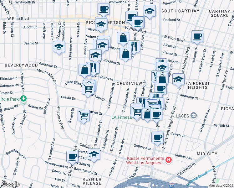 map of restaurants, bars, coffee shops, grocery stores, and more near 1753 South Bedford Street in Los Angeles