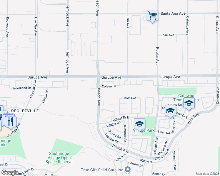 map of restaurants, bars, coffee shops, grocery stores, and more near 15374 Coleen Street in Fontana