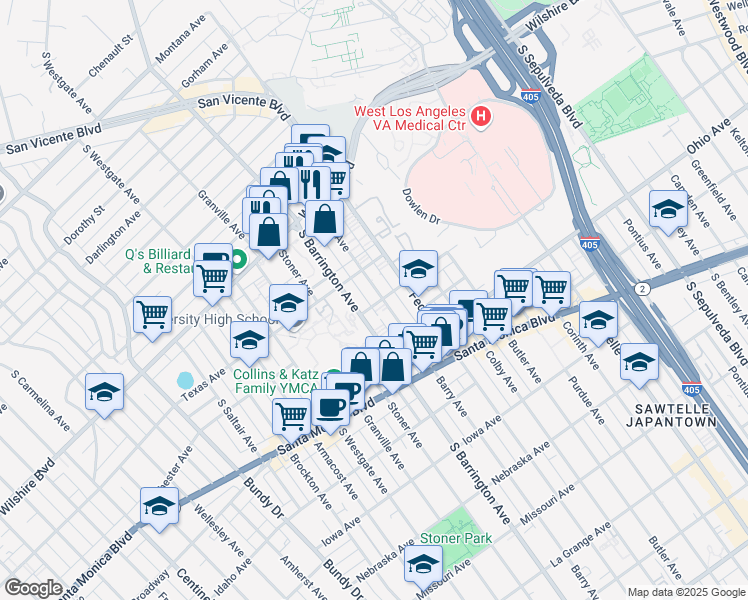map of restaurants, bars, coffee shops, grocery stores, and more near 1339 Barry Avenue in Los Angeles