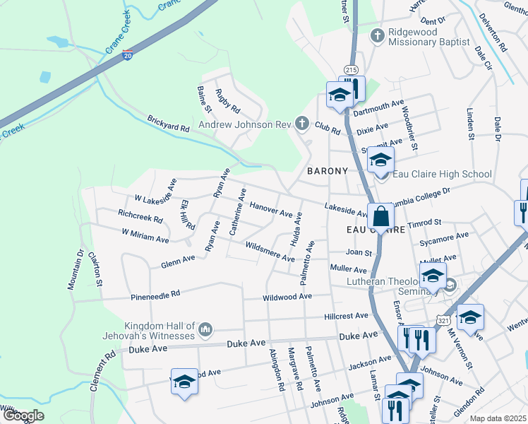 map of restaurants, bars, coffee shops, grocery stores, and more near 216 Hanover Avenue in Columbia