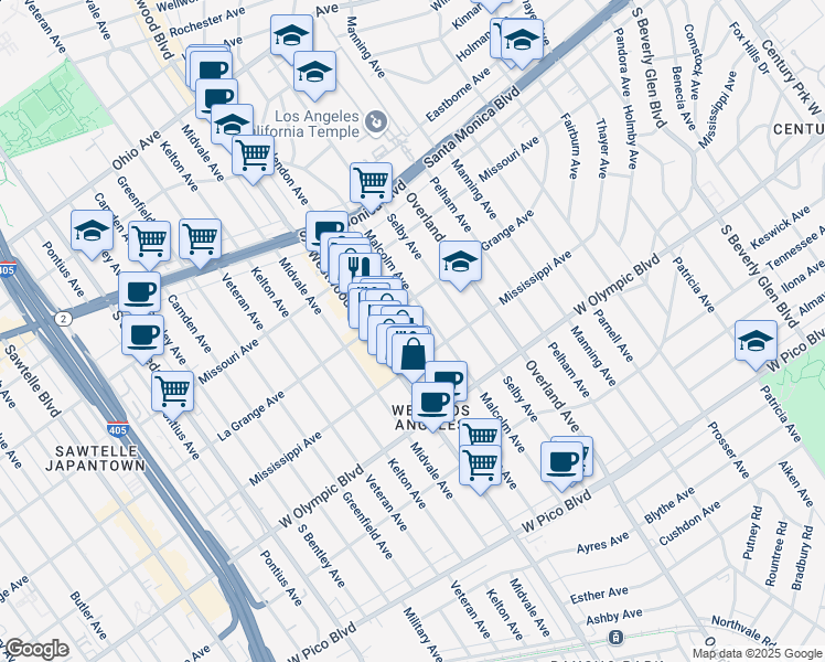 map of restaurants, bars, coffee shops, grocery stores, and more near 2026 Glendon Avenue in Los Angeles