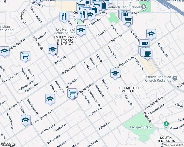 map of restaurants, bars, coffee shops, grocery stores, and more near 262 Alvarado Street in Redlands