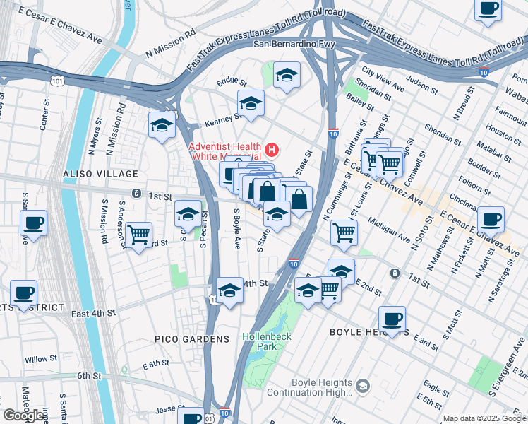 map of restaurants, bars, coffee shops, grocery stores, and more near 1853 East 1st Street in Los Angeles