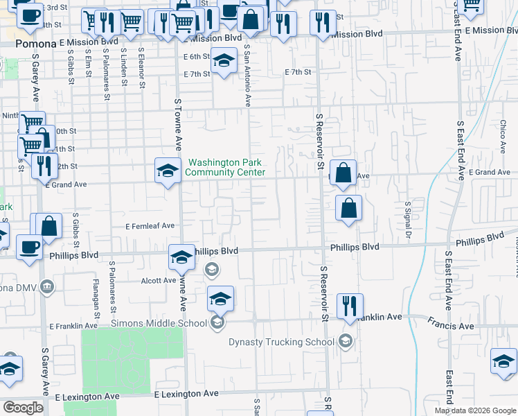 map of restaurants, bars, coffee shops, grocery stores, and more near 1402 South San Antonio Avenue in Pomona