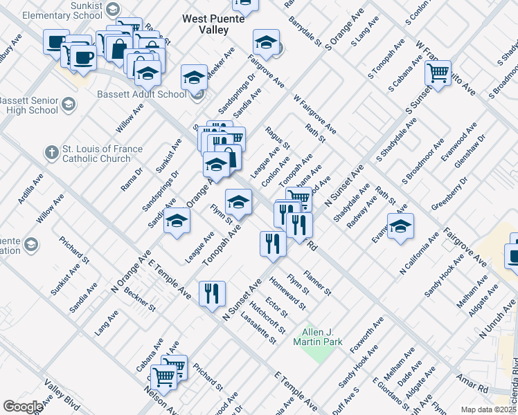 map of restaurants, bars, coffee shops, grocery stores, and more near 14418 Amar Road in La Puente