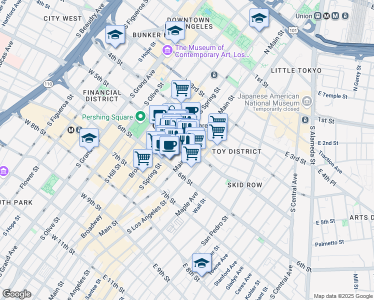 map of restaurants, bars, coffee shops, grocery stores, and more near 112 West 5th Street in Los Angeles