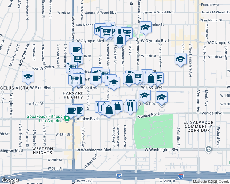 map of restaurants, bars, coffee shops, grocery stores, and more near 2920 West Pico Boulevard in Los Angeles