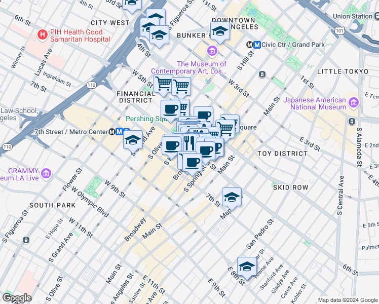 map of restaurants, bars, coffee shops, grocery stores, and more near in Los Angeles