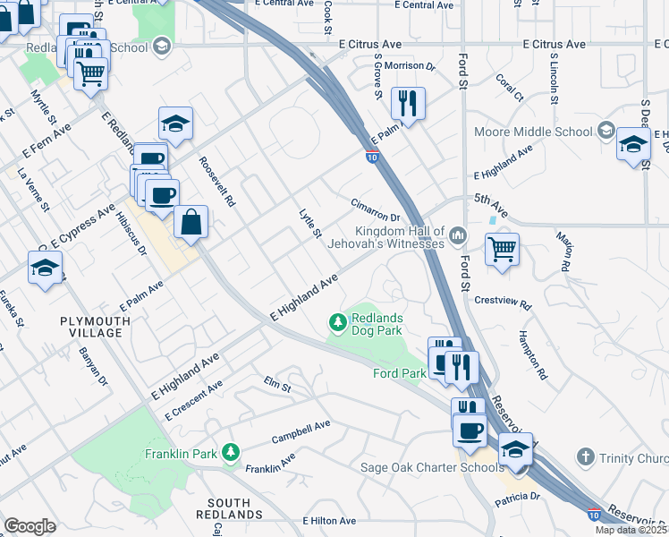 map of restaurants, bars, coffee shops, grocery stores, and more near 1073 Lytle Street in Redlands