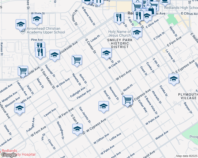 map of restaurants, bars, coffee shops, grocery stores, and more near 305 Bond Street in Redlands