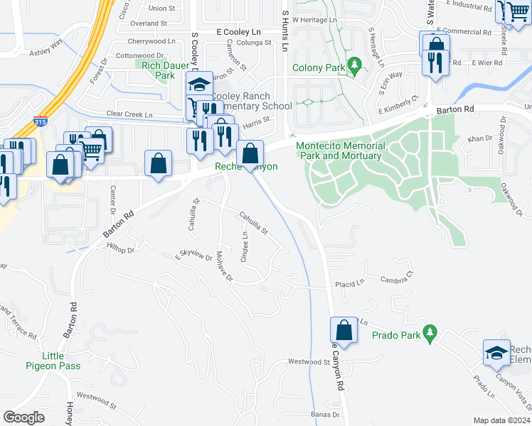map of restaurants, bars, coffee shops, grocery stores, and more near Reche Canyon Road in Colton