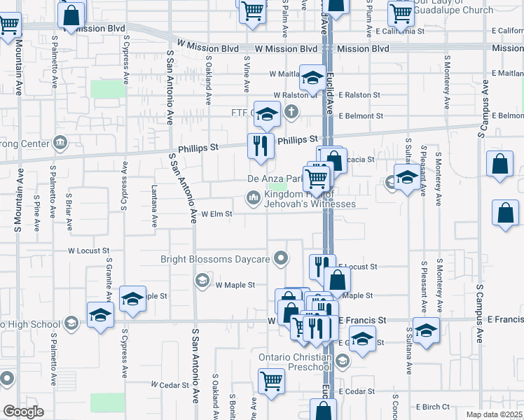 map of restaurants, bars, coffee shops, grocery stores, and more near 422 West Elm Street in Ontario