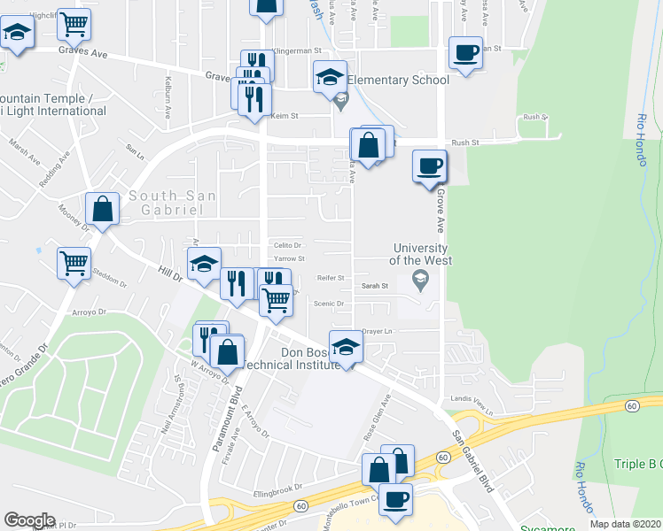 map of restaurants, bars, coffee shops, grocery stores, and more near 1605 Delta Street in Rosemead