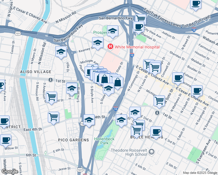 map of restaurants, bars, coffee shops, grocery stores, and more near 1853 East 1st Street in Los Angeles
