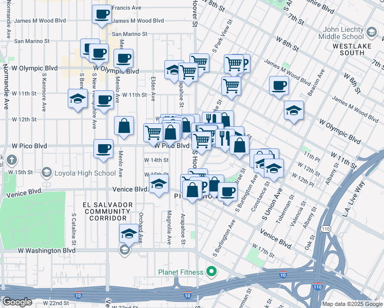 map of restaurants, bars, coffee shops, grocery stores, and more near in Los Angeles