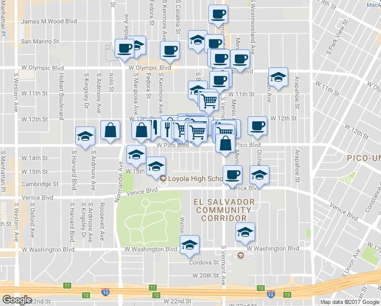 map of restaurants, bars, coffee shops, grocery stores, and more near 2596 West Pico Boulevard in Los Angeles