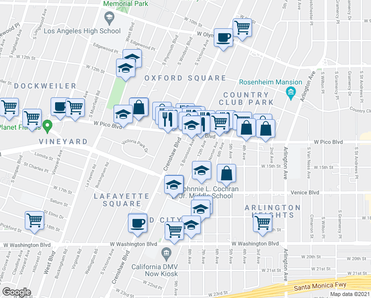 map of restaurants, bars, coffee shops, grocery stores, and more near in Los Angeles