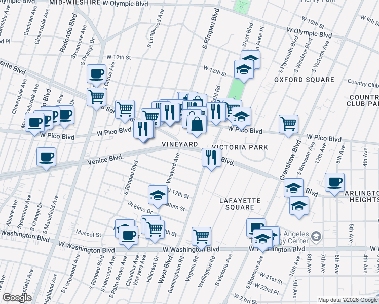 map of restaurants, bars, coffee shops, grocery stores, and more near 4553 West 16th Place in Los Angeles