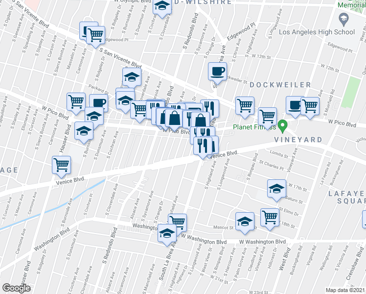 map of restaurants, bars, coffee shops, grocery stores, and more near 1426 South Orange Drive in Los Angeles