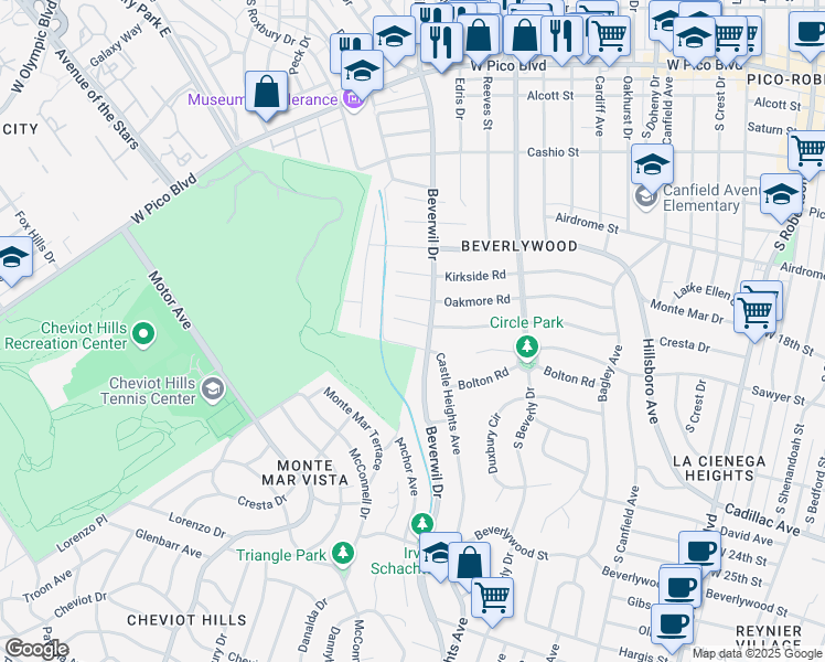 map of restaurants, bars, coffee shops, grocery stores, and more near 9719 Cresta Drive in Los Angeles