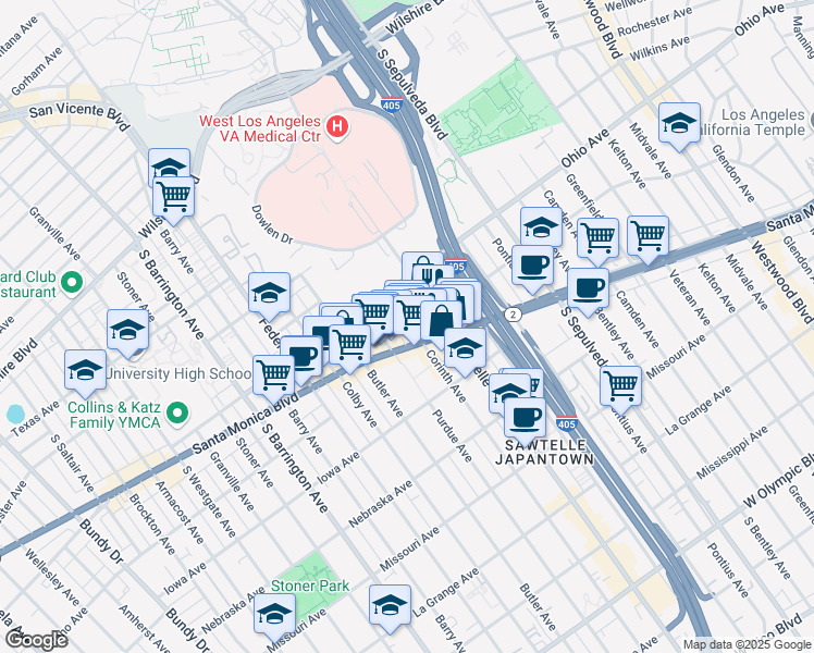 map of restaurants, bars, coffee shops, grocery stores, and more near 1527 Corinth Avenue in Los Angeles