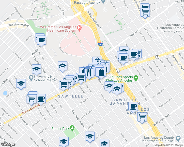 map of restaurants, bars, coffee shops, grocery stores, and more near 1527 Corinth Avenue in Los Angeles
