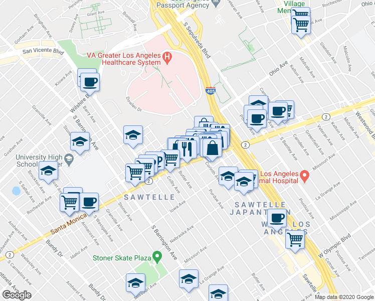 map of restaurants, bars, coffee shops, grocery stores, and more near 1527 Corinth Avenue in Los Angeles
