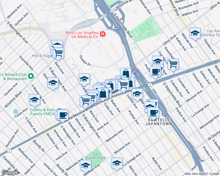 map of restaurants, bars, coffee shops, grocery stores, and more near 1505 Purdue Avenue in Los Angeles