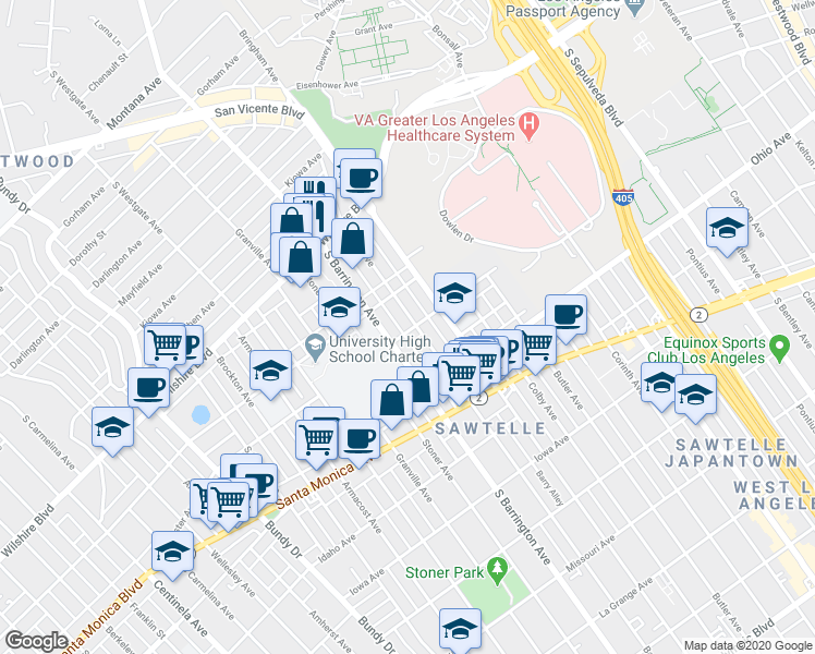 map of restaurants, bars, coffee shops, grocery stores, and more near 1323 Barry Avenue in Los Angeles