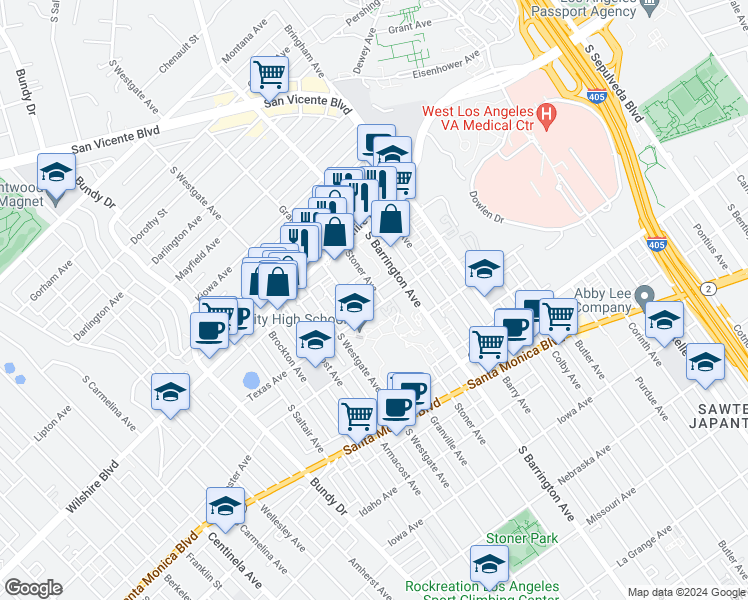 map of restaurants, bars, coffee shops, grocery stores, and more near 1252 Granville Avenue in Los Angeles