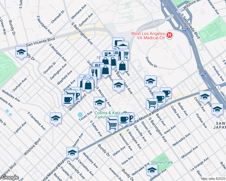map of restaurants, bars, coffee shops, grocery stores, and more near 1252 Granville Avenue in Los Angeles