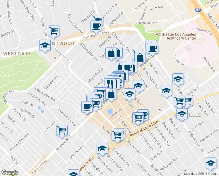 map of restaurants, bars, coffee shops, grocery stores, and more near 11932 Goshen Avenue in Los Angeles