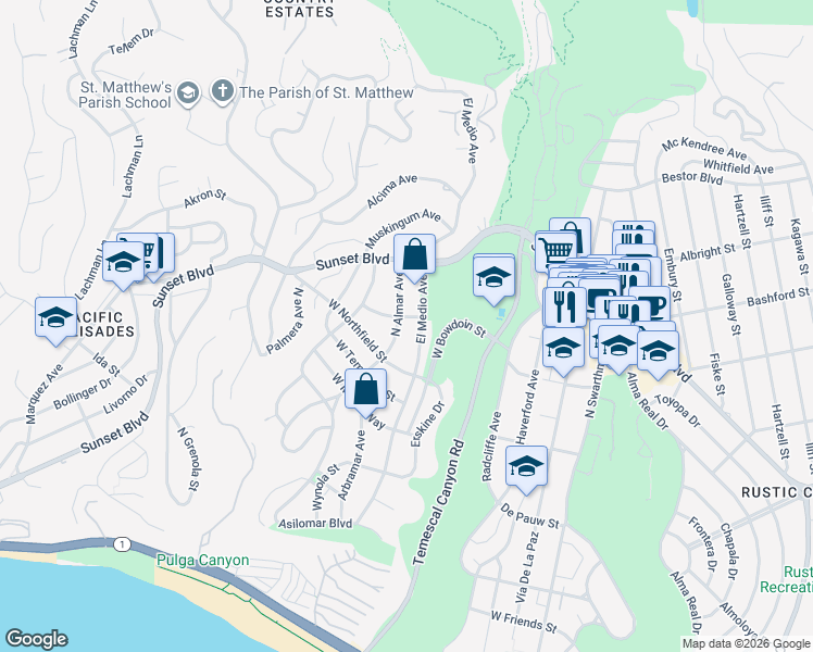map of restaurants, bars, coffee shops, grocery stores, and more near 16011 West Junaluska Way in Los Angeles