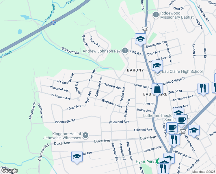 map of restaurants, bars, coffee shops, grocery stores, and more near 217 Hanover Avenue in Columbia