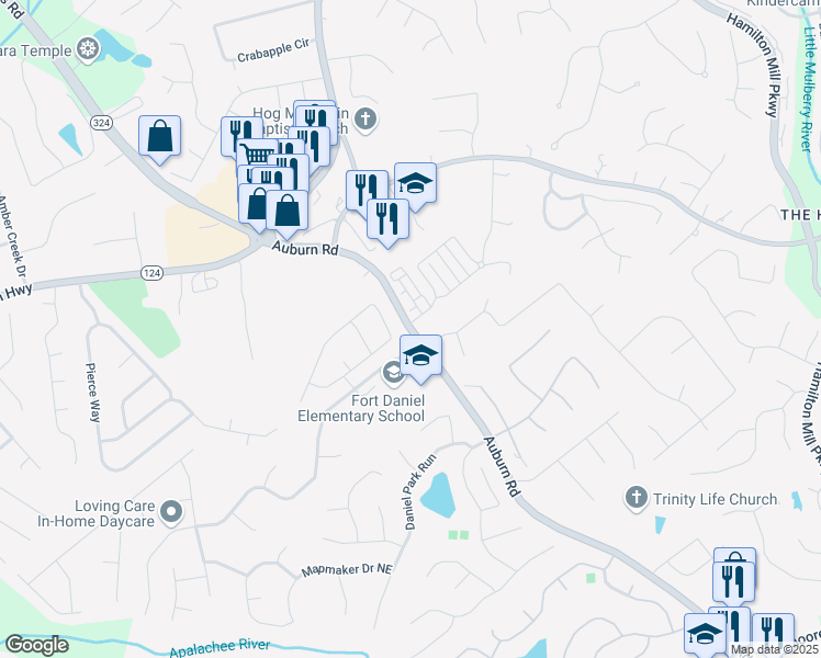 map of restaurants, bars, coffee shops, grocery stores, and more near 2910 Windsong Park Lane in Dacula