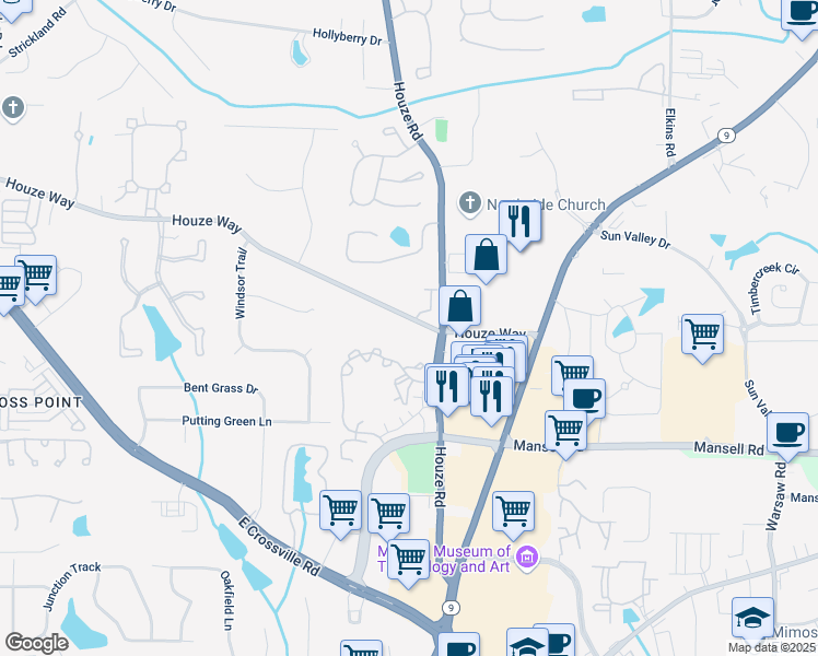 map of restaurants, bars, coffee shops, grocery stores, and more near 515 Houze Way in Roswell